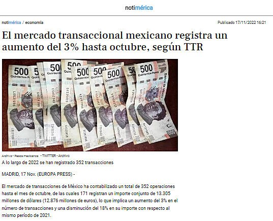 El mercado transaccional mexicano registra un aumento del 3% hasta octubre, según TTR